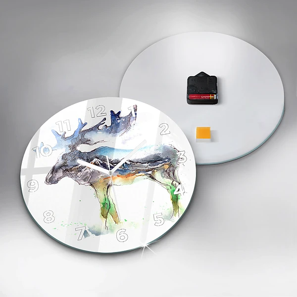 Wanduhr glas rund Elch und Berglandschaft