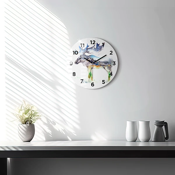 Wanduhr glas rund Elch und Berglandschaft