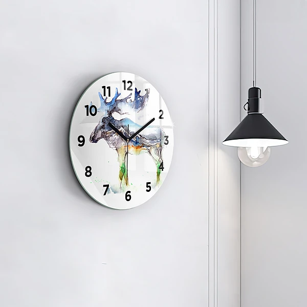 Wanduhr glas rund Elch und Berglandschaft