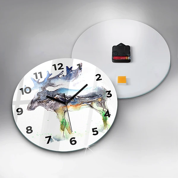 Wanduhr glas rund Elch und Berglandschaft
