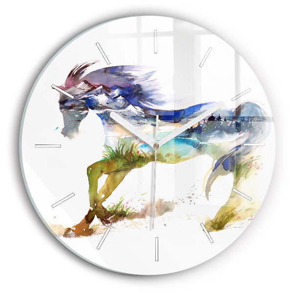 Wanduhr rund Bemalter Berg und Pferd
