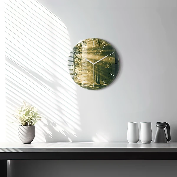 Wanduhr glas rund Sonnenstrahlen Wald