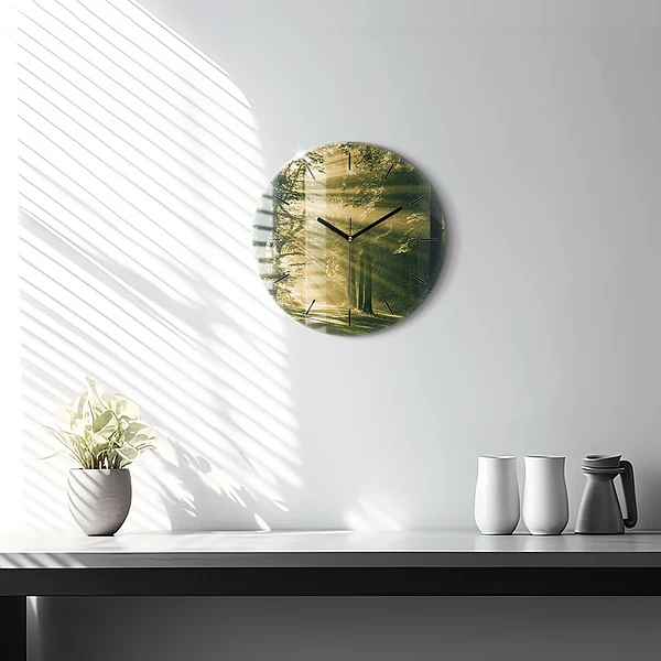 Wanduhr glas rund Sonnenstrahlen Wald