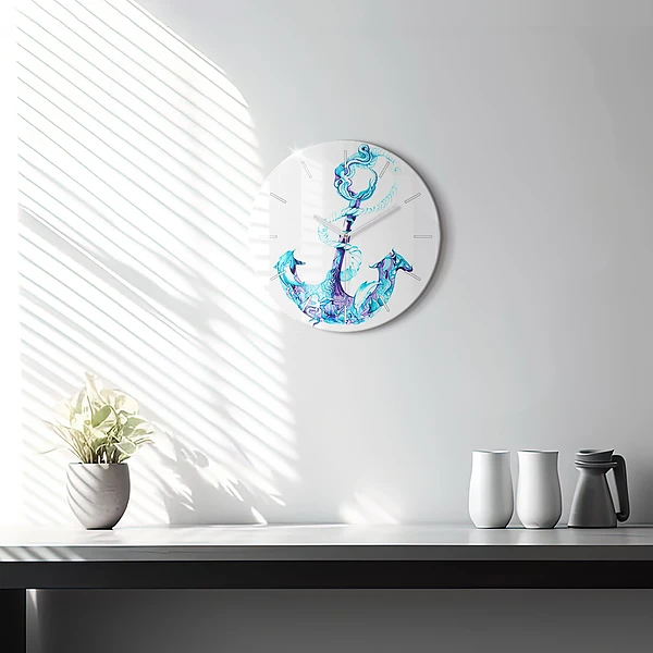 Wanduhr rund Anker im Meer