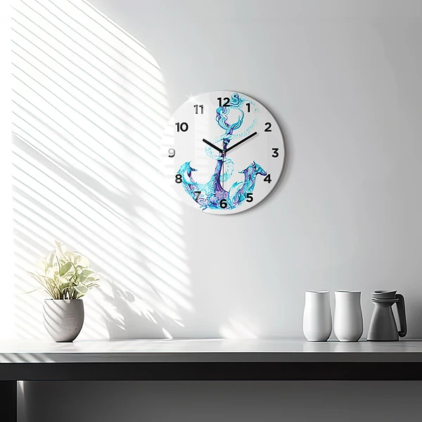 Wanduhr rund Anker im Meer