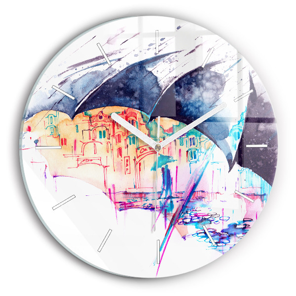 Wanduhr glas rund Regenschirm und Stadt
