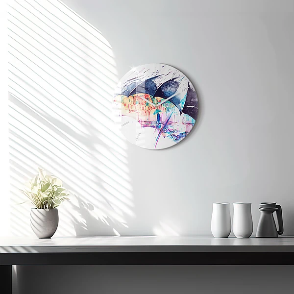 Wanduhr glas rund Regenschirm und Stadt
