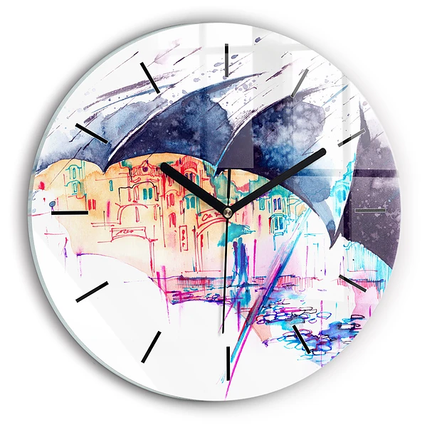 Wanduhr glas rund Regenschirm und Stadt