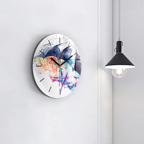Wanduhr glas rund Regenschirm und Stadt
