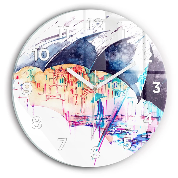Wanduhr glas rund Regenschirm und Stadt