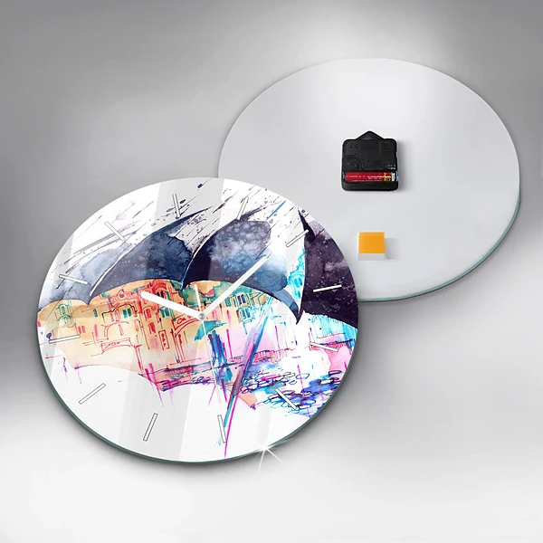 Wanduhr glas rund Regenschirm und Stadt