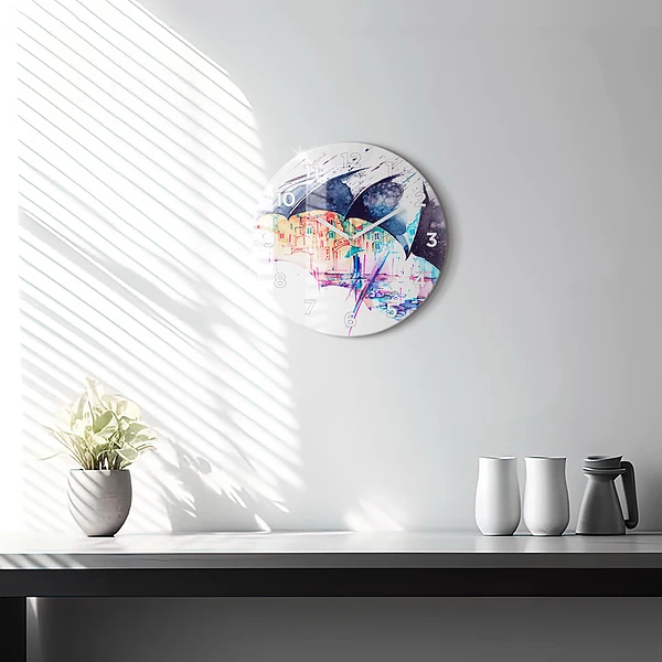 Wanduhr glas rund Regenschirm und Stadt