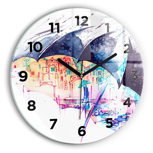 Wanduhr glas rund Regenschirm und Stadt