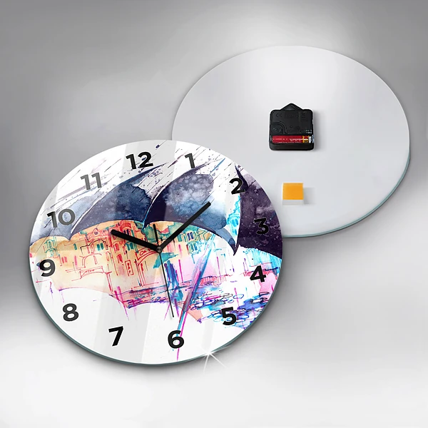 Wanduhr glas rund Regenschirm und Stadt