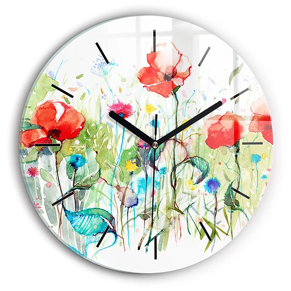 Wanduhr rund Mohnblumen auf einer Wiese
