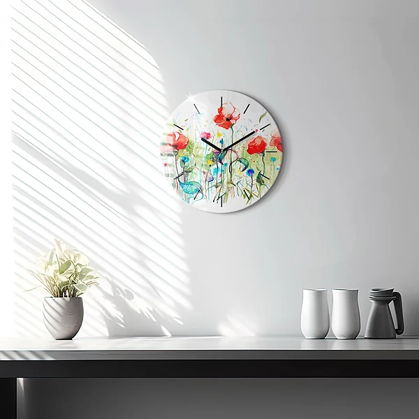 Wanduhr rund Mohnblumen auf einer Wiese