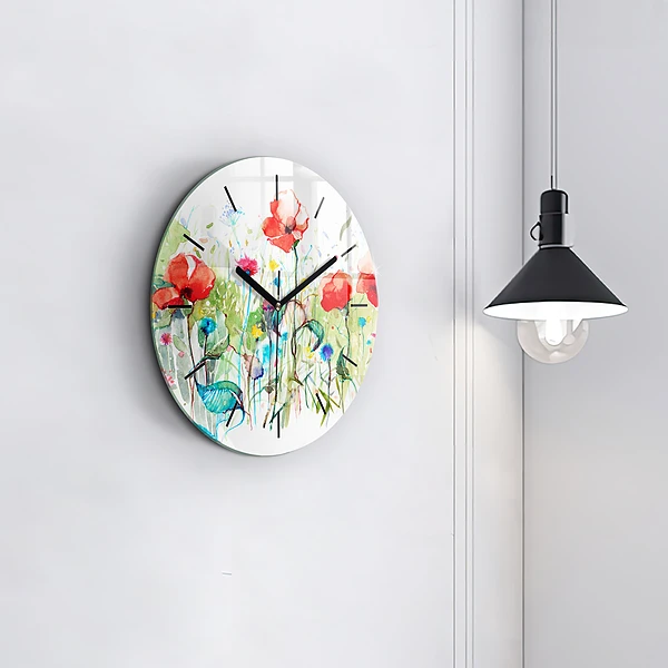 Wanduhr rund Mohnblumen auf einer Wiese
