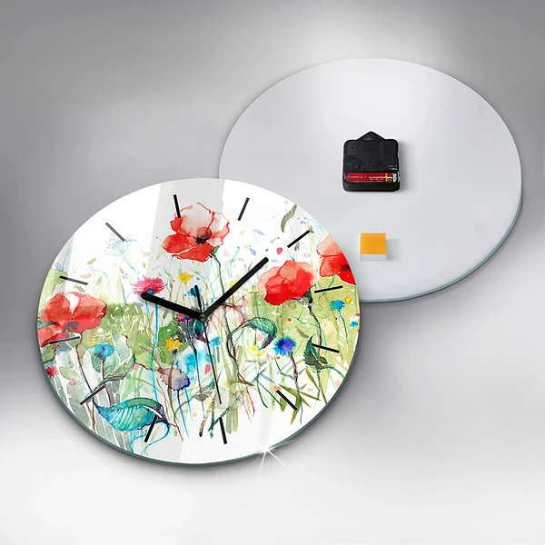 Wanduhr rund Mohnblumen auf einer Wiese
