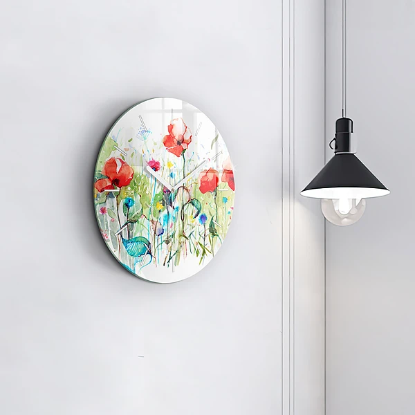 Wanduhr rund Mohnblumen auf einer Wiese