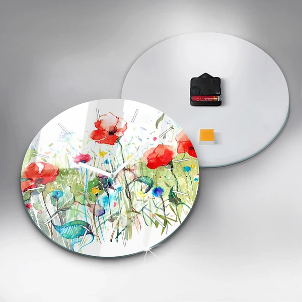 Wanduhr rund Mohnblumen auf einer Wiese