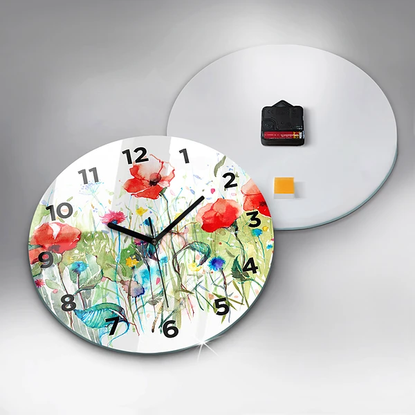 Wanduhr rund Mohnblumen auf einer Wiese