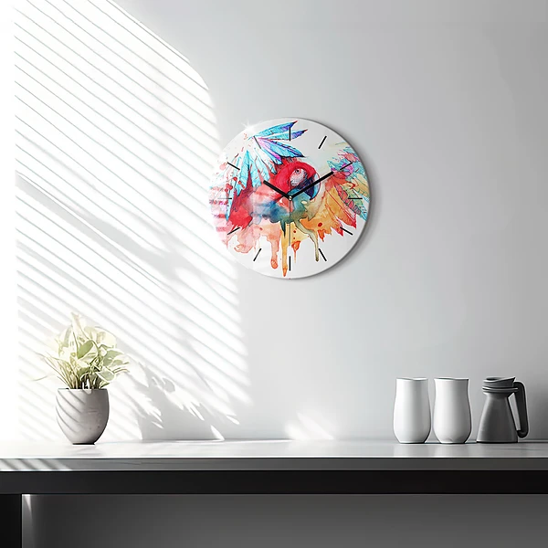 Wanduhr rund Bunter roter Papagei