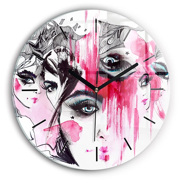 Wanduhr glas rund Viele Gesichter Abstrakt