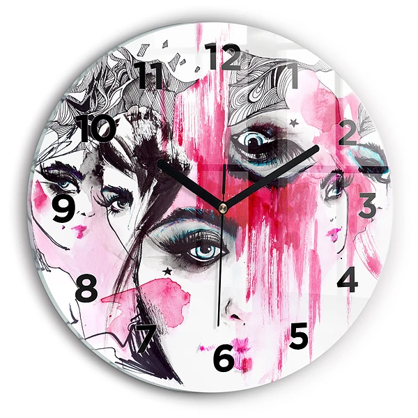 Wanduhr glas rund Viele Gesichter Abstrakt