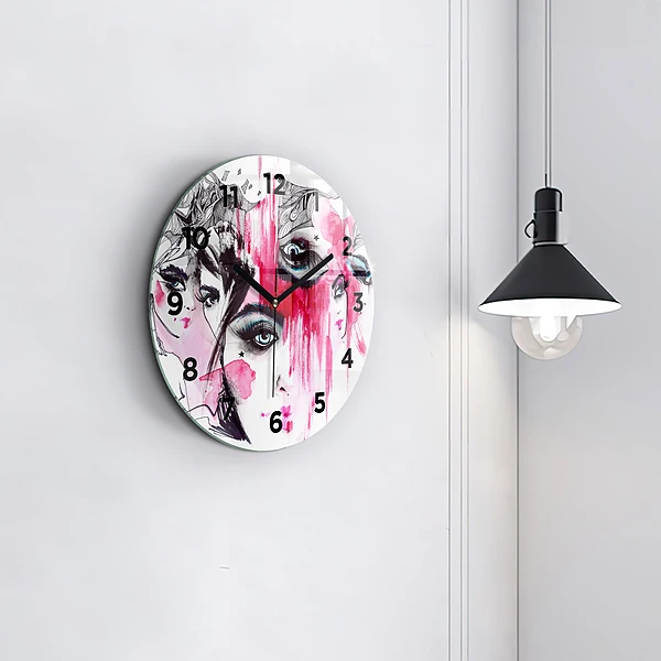 Wanduhr glas rund Viele Gesichter Abstrakt