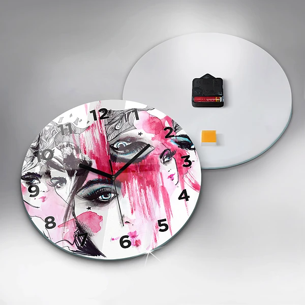 Wanduhr glas rund Viele Gesichter Abstrakt