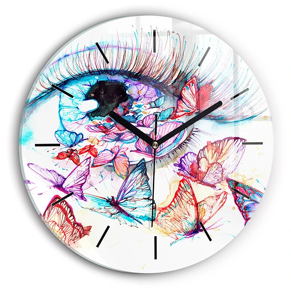 Wanduhr rund mit motiv Farbige Augen Schmetterlinge