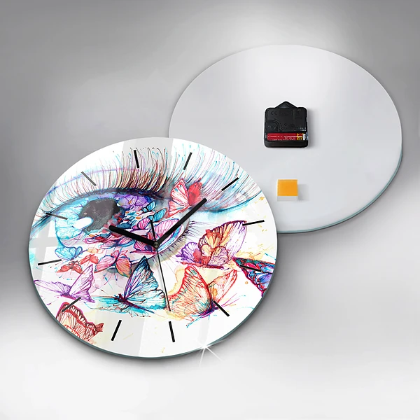 Wanduhr rund mit motiv Farbige Augen Schmetterlinge
