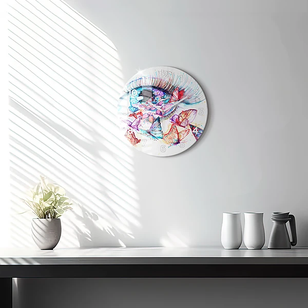Wanduhr rund mit motiv Farbige Augen Schmetterlinge