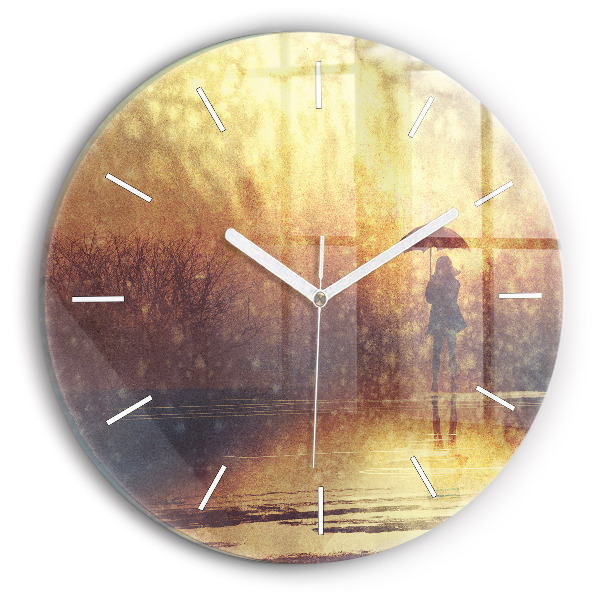 Wanduhr glas rund Frau mit Regenschirm