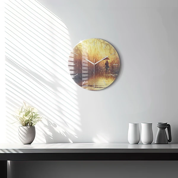 Wanduhr glas rund Frau mit Regenschirm
