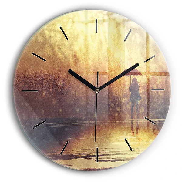 Wanduhr glas rund Frau mit Regenschirm