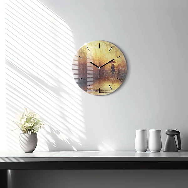 Wanduhr glas rund Frau mit Regenschirm