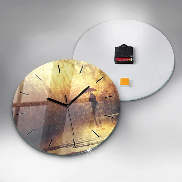 Wanduhr glas rund Frau mit Regenschirm