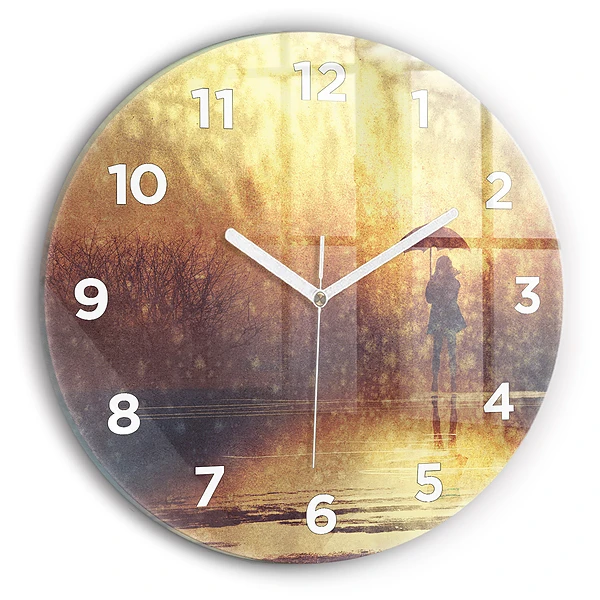 Wanduhr glas rund Frau mit Regenschirm