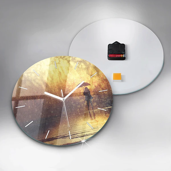 Wanduhr glas rund Frau mit Regenschirm