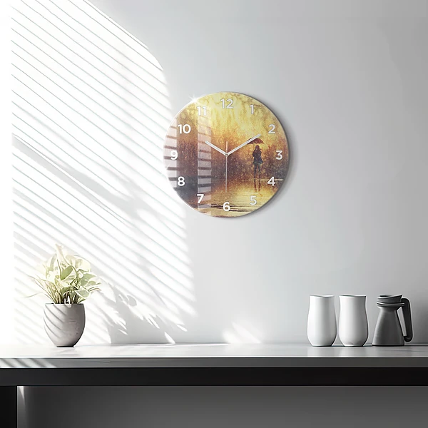 Wanduhr glas rund Frau mit Regenschirm