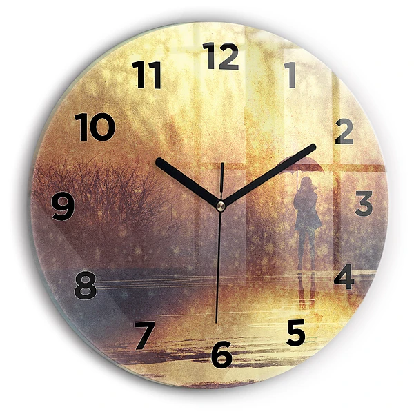 Wanduhr glas rund Frau mit Regenschirm