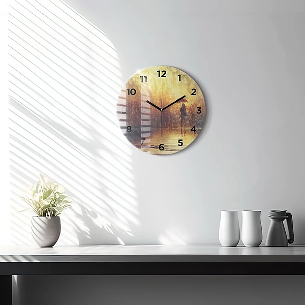Wanduhr glas rund Frau mit Regenschirm