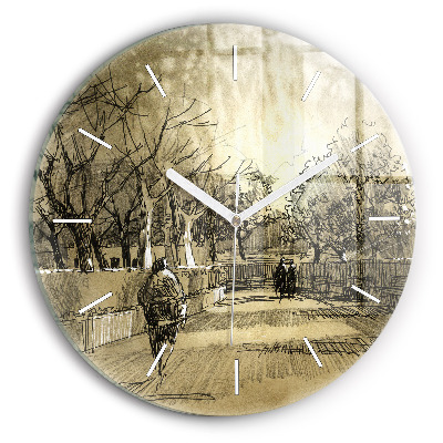 Wanduhr glas rund Park und Bäume in Sepia