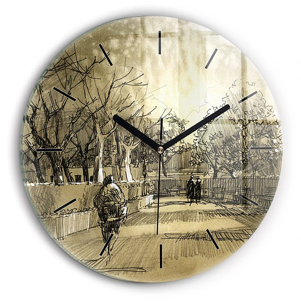 Wanduhr glas rund Park und Bäume in Sepia
