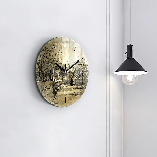 Wanduhr glas rund Park und Bäume in Sepia