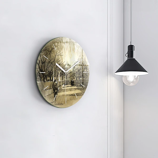 Wanduhr glas rund Park und Bäume in Sepia