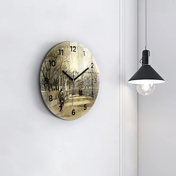 Wanduhr glas rund Park und Bäume in Sepia