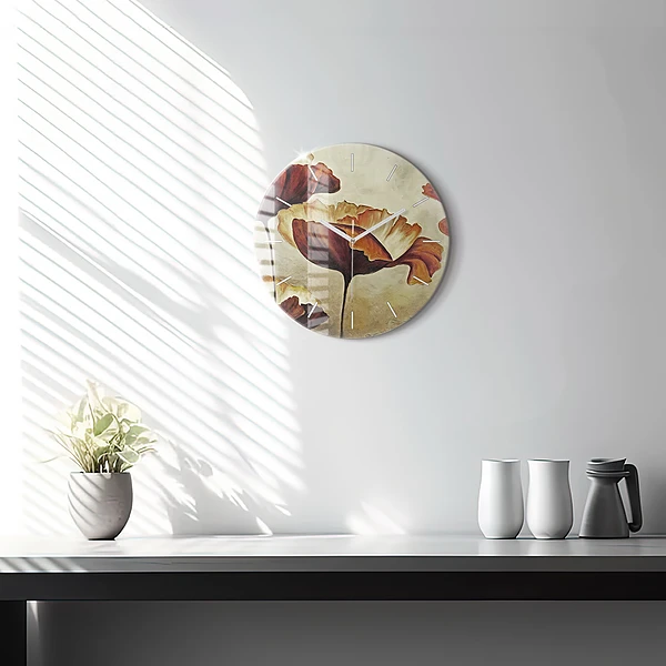 Wanduhr glas rund Gemalte Mohnblumen