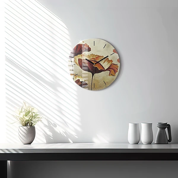 Wanduhr glas rund Gemalte Mohnblumen